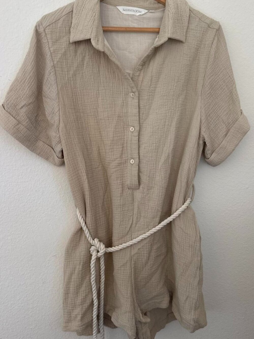 The Handloom Co. linen playsuit in size M/L. Beige with thin vertical stripes